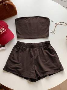 Comfortcana Bộ 2 món áo croptop và quần short nữ màu nâu cà phê, thích hợp mặc mùa hè. - Cà phê nâu - Xem 5