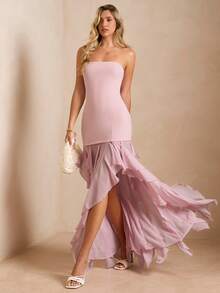 Enchnt 女士优雅纯色荷叶边连衣裙，夏季 - 粉色 - 查看 1