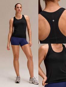 GLOWMODE Ultrafine Soft Seamless Glow The Distance Waist-Length Racerback Tank Top Medium Impact Training Running Workout Gym Wear - Black - View 9