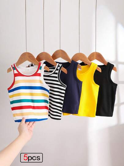 SHEIN Playful Pals 5pcs/Set Casual White Knit Sleeveless Vest Top, Suitable As Undershirt, For Outdoor Activities, Casual Wear, Travel, Fits 6 Months To 3 Years Old Baby Boys
