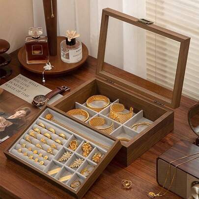 1 pieza Caja de joyería de madera vintage de doble capa, organizador de sobremesa con tapa abatible y transparente para collares, aretes y accesorios, forrada de tela, forma rectangular de una sola capa, caja de almacenamiento multiusos para mujer, organizador de viaje, esenciales para volver a la escuela y dormitorio