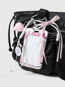 ROMWE Kawaii 1個新款二次元可愛卡通甜美手工串珠白色仿珍珠粉色流蘇蝴蝶結立體愛心手編皮繩魚骨捲飾卡通甜美女孩熊印花壓克力滑蓋卡套，校園卡套、星卡、交通卡套、身分證卡套，DIY鑰匙圈配件包掛飾，適合上班族、學生、派對愛好者，日常佩戴，節日禮物 - 粉色-101 - 查看 4