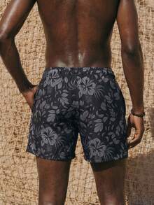Palasendo Men's Floral Print Casual Beach Shorts Men Black Swim Trunks Black Hawaiian Swim Shorts Men Floral Swim Trunks - Grey - View 2