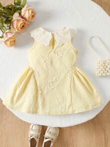 SHEIN Elladie kids Đầm hồng không tay cổ ren viền cổ áo kiểu công chúa ngọt ngào cho bé gái, thích hợp cho mùa hè. - Màu vàng - Xem 2