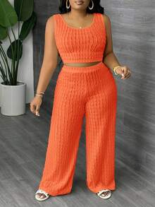 Slaydiva Plus Size Solid White Long Casual Vest And Wide Leg Pants 2 Pieces Set, Spring/Summer - Orange - View 5