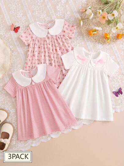 3pcs/Set Baby GirlCute Floral Patchwork Peter Pan Collar Dress Set, Suitable For Home, Casual, Outdoor, Social Occasions
