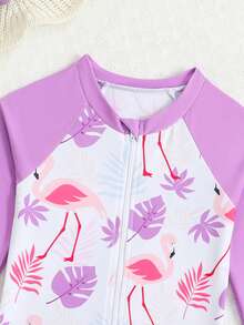 SHEIN 1pc Girls Shark Print Long Sleeve One-Piece Swimsuit, Cute Design, Sun Protection, Summer - Purple - View 5