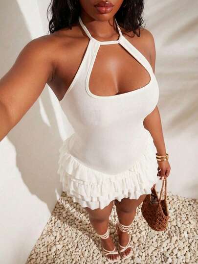 SHEIN SXY 夏季大码性感荷叶边露背迷你连衣裙