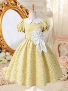SHEIN Summer 1pc Girls Sweet Ruffled Collar Petal Sleeve Textured Midi Dress With 3D Floral Decor, Suitable For Daily Wear, Outings, And Parties Bohemian Dress - Yellow - View 9
