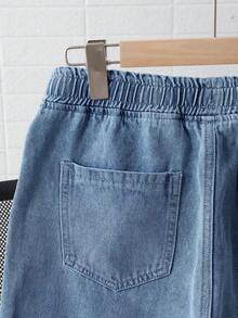 Quần jeans ống đứng thoải mái phong cách vintage Y2K cho bé trai tuổi teen, dễ phối đồ, cạp chun co giãn có dây rút, thiết kế thoải mái, thích hợp mặc hàng ngày và mùa hè xuân. - Rửa trung bình - Xem 4
