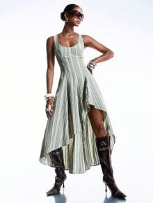 LYSMO Đầm nữ dáng suông kẻ sọc, vạt bất đối xứng, thích hợp cho mùa hè. - màu xanh lá - Xem 5