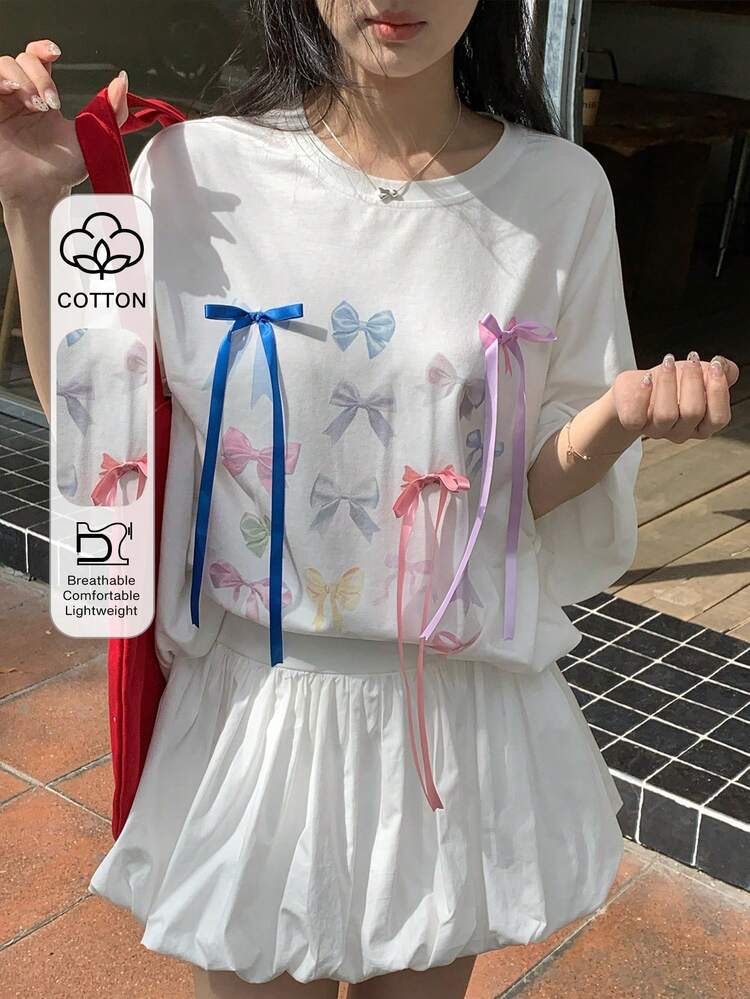 Women's Summer Round Neck Short Sleeve Loose Bowknot Decor Printed Casual Oversized T-Shirt