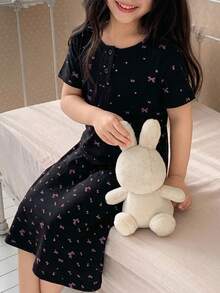 Dazy Kids Young Girl Round Neck Short Sleeve Nightgown Loungewear Summer - Black - View 3