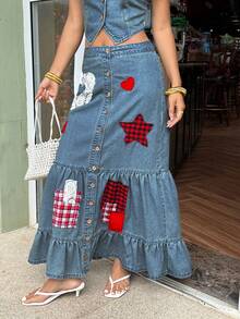 SHEIN 女士格子五角星贴花单排扣休闲牛仔裙 - 藍色 - 查看 5