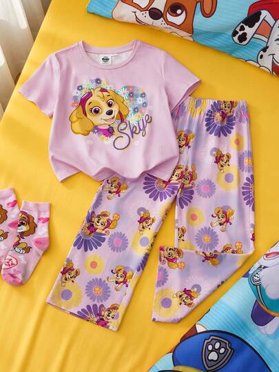 SHEIN | PAW Patrol Young Girl Dog & Flower Print Short Sleeve Top And Shorts Pajama Set