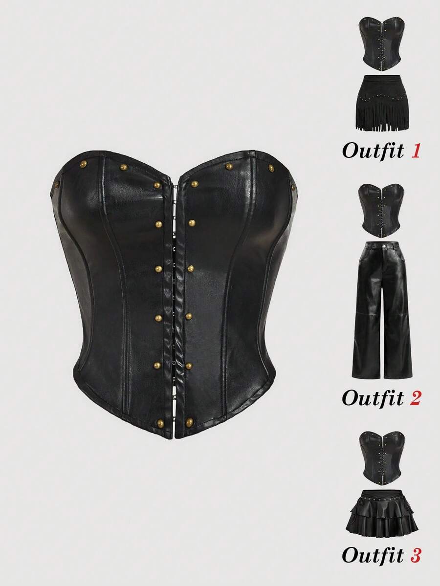 SHEIN MOD 女士纯色金属不对称下摆性感抹胸上衣 - 黑色 - 查看 1