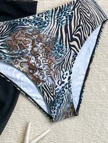 SHEIN Teen Girls' Leopard Print Halter Bikini Set, 3-Piece Swimsuit With Triangle Top, Bottom And Sarong, Fashionable, Elegant, Suitable For Swimming, Vacation, Summer Beach Bathing Suit Women's Swimwear Two Pieces Swimsuit Zebra Print Bikini - Multicolor - View 5