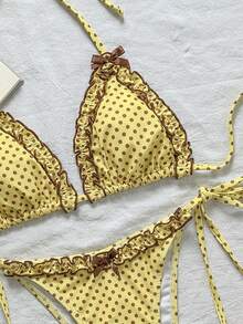 Swim Mod 2pcs/Set Brown And Yellow Polka Dot Bikini,Summer Cute Retro Vintage Beach Holiday Ruffle Bow Halter Triangle Top Side Tie Bathing Suit - Yellow - View 7
