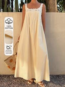 Livesso 女士优雅派对假日复活节无袖宽松棉质中长连衣裙，适合夏季度假 - 米色 - 查看 1
