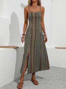EMERY ROSE Gaun Maxi Wanita Gaya Boho Vintage dengan Motif Cetak, Tali Bahu Tipis, Belahan Samping Tinggi, Warna Hijau Tua untuk Liburan Pantai Musim Panas - Hijau - View 5