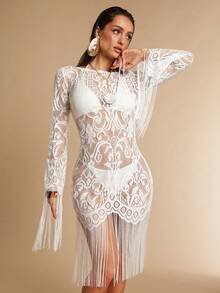 Silquee 女士度假沙滩薄纱蕾丝流苏下摆迷你连衣裙 - 白色 - 查看 10