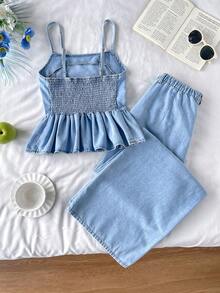 SHEIN 2pcs/Set Teen Girl Lue Denim Camisole With Ruffle Hem & Loose Fit Low Waist Pants,Summer Outfits,Casual And Fashionable Vacation Outfits,Street Wear,2000s Style ,Comfortable And Soft Denim,Comfortable And Soft Denim Pant,Teen Girl Set,Teen Girl Summer Set - Light Wash - View 2