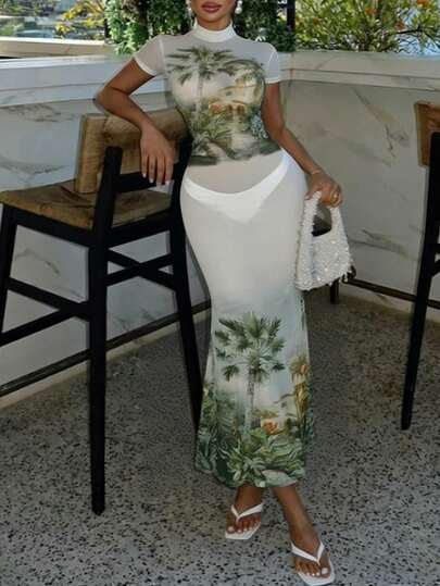 Slaydiva Nuevo Vestido ajustado de manga corta con cuello, estampado de pintura al óleo de ramas de árbol sobre base blanca, para mujer. Ideal para festivales de música de primavera/verano, Día de San Valentín, Pascua, uso casual minimalista básico, estilo Y2K, streetwear dulce, caliente para uso diario y citas