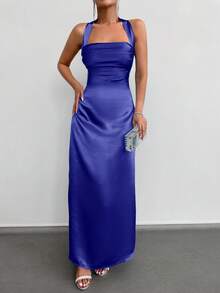 EURMUSE Solid Halter Neck Backless Satin Maxi Dress - Navy Blue - View 3