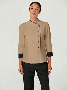 TaskEZ Women's Contrast Color Button-Up Collar Long Sleeve Work Uniform Chef Jacket In 3- 4th Sleeve For Women - Apricot - View 5