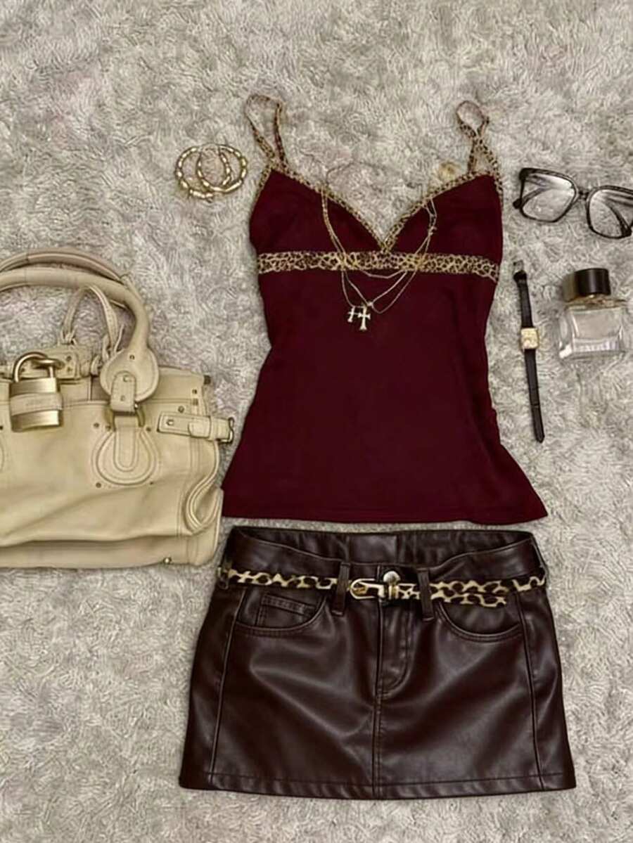 Glimmora 女士休闲时尚街头风豹纹拼接修身吊带背心，适合日常通勤和度假穿着 - 酒紅色 - 查看 1