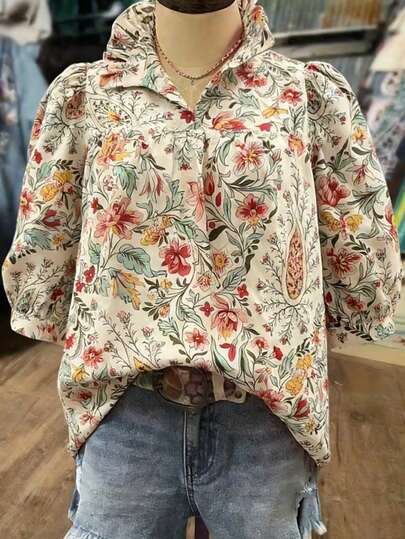 Voyazaga Women's Plus Size Beige Summer Boho Vacation Shirt,Floral And Leaf Print Three-Quarter Sleeve Casual Resort Wear Simple Versatile Beachwear Fashion
