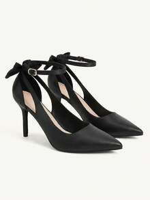 CUCCOO CHICEST Woman Shoes Bow Decor Elegant Ankle Strap Point Toe Stiletto Heeled Glamorous Black Satin Pumps For Summer And Summer Vacation Shoes Summer Elegant Heels Summer Shoes Summer Break Easter Prom Heels For Christmas Elegant Shoes Wedding Shoes Summer Shoes Bride Shoes - Black - View 8