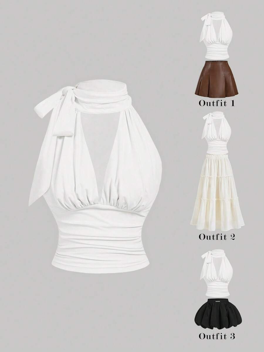 SHEIN MOD Bow Tie Strap Hollow Out Halter Top,Summer Top - White - View 1