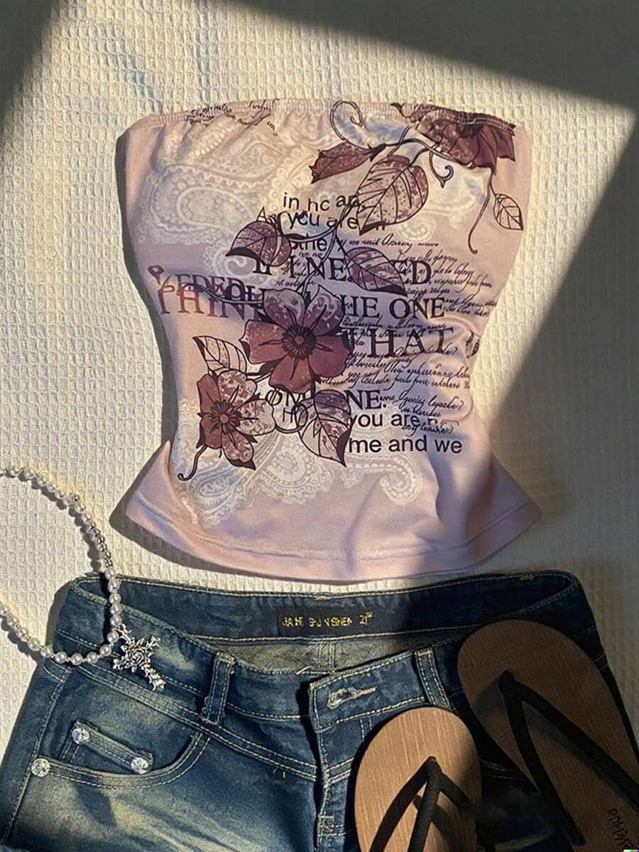 Glimmora Y2K 女士休闲复古撞色无肩带上衣，非常适合夏季穿着，带有复古印花和蕾丝细节，适合 Y2K 和 Grunge 风格，是返校季的完美之选。 - 彩色 - 查看 1