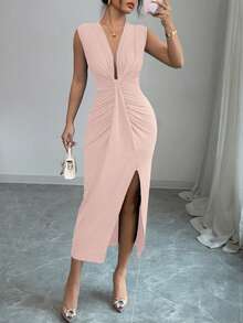 Rafferiza Elegant Sleeveless Deep V-Neck Draped Hem Slit Spring/Summer Dress For Women - Pink - View 6