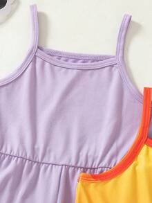 3pcs/Set Toddler Girls' Summer New 2025 Floral Print & Solid Color Romper Shorts, Minimalist Fashionable Vacation Style - Purple - View 4
