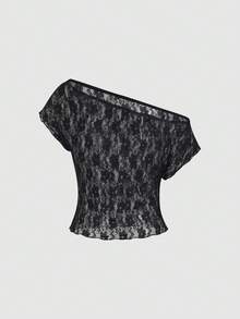 Sweetra 黑色蕾丝花卉面料不对称肩部花瓣袖短款上衣，优雅甜美可爱，适合女性，可用于派对、度假、海滩、约会等场合，百搭实用。 - 黑色 - 查看 2