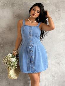 Sunnyshic Summer New Sleeveless Button-Up Denim Dress - Blue - View 5
