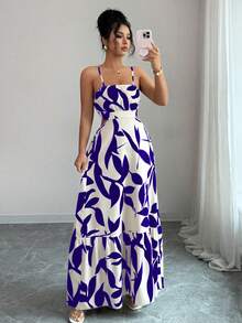 Rafferiza Petite Đầm nữ thanh lịch in hoa với dây đeo mảnh. - Màu xanh lam - Xem 2