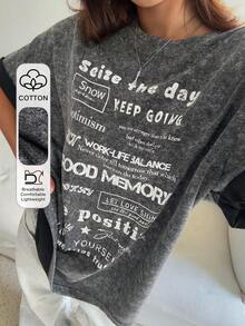 DAZY Women's Round Neck Short Sleeve Distressed Fabric Printed Loose Pullover Casual T-Shirt Y2k Graphic Tees Women Oversized - Black - View 1