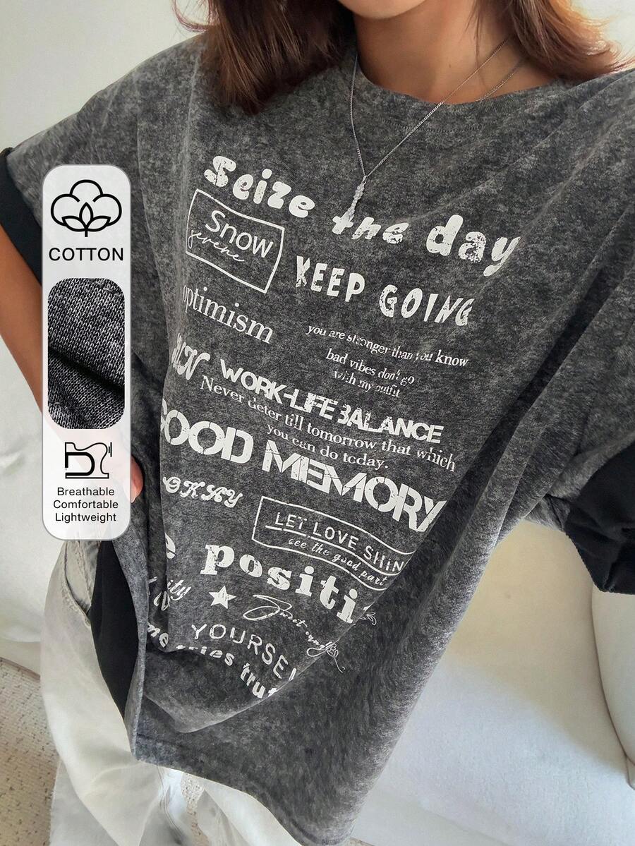 DAZY Women's Round Neck Short Sleeve Distressed Fabric Printed Loose Pullover Casual T-Shirt Y2k Graphic Tees Women Oversized - Black - View 1