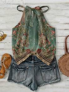 SHEIN LUNE Áo tank top cổ yếm dáng suông thoải mái dành cho nữ, họa tiết hoa cổ điển, thích hợp cho mùa xuân và mùa hè. - Nhiều màu - Xem 2