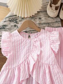 Elladie kids Young Girl (Small) Cute Ruffle Hem Asymmetrical Hem Design & Bow Print Casual Pants Set - Pink - View 3