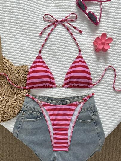 Swim Mod Bộ bikini kẻ sọc caro thời trang mới dành cho nữ cỡ lớn mùa Xuân/Hè 2026, trang phục đi biển.
