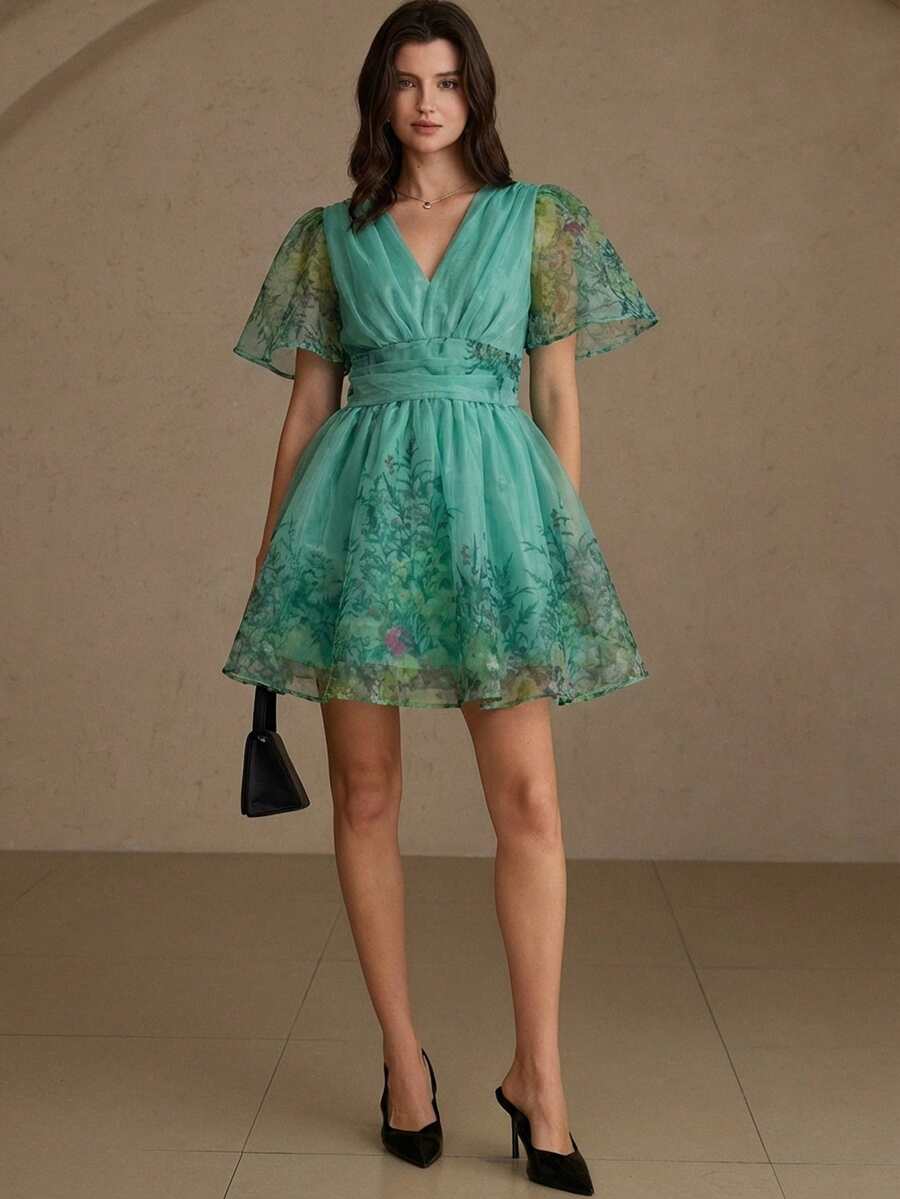 Aveloria Rosie Đầm ngắn tay cổ chữ V, thắt eo, chất liệu organza, kiểu dáng ngọt ngào, thích hợp cho kỳ nghỉ. Hàng mới về. - Nhiều màu - Xem 1