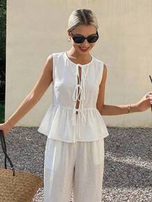 Livesso 2 piezas Conjunto informal de verano para mujer con blusa blanca con nudo delantero y pantalones sueltos - Beis - Ver 4