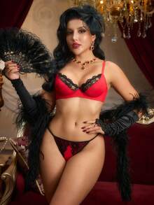 PinupPomp Vintage Sheer Sexy Lace Patchwork Wireless Bra Set, Lift And Enhance Bust - Red - View 3