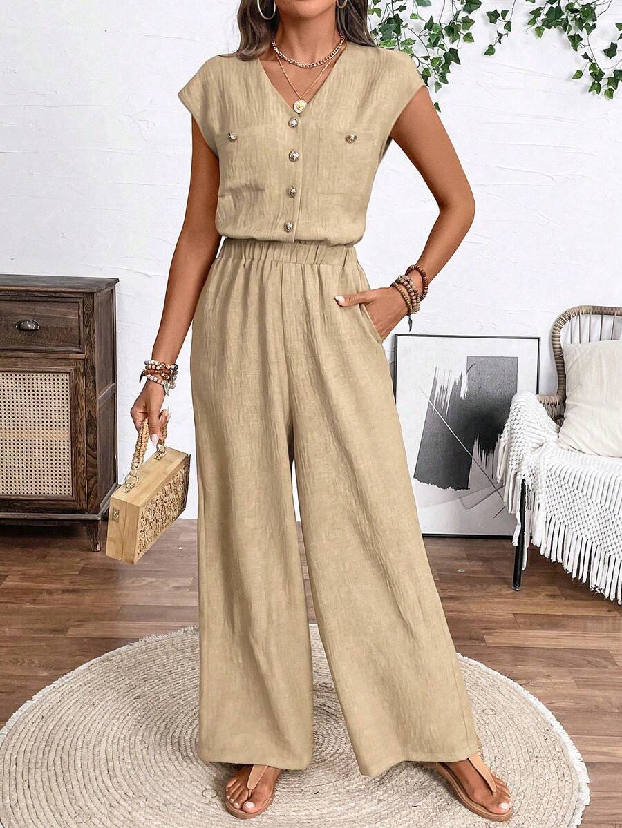 EMERY ROSE Women's Solid Color V-Neck Pocket Casual Jumpsuit Palazzo - Khaki - View 1