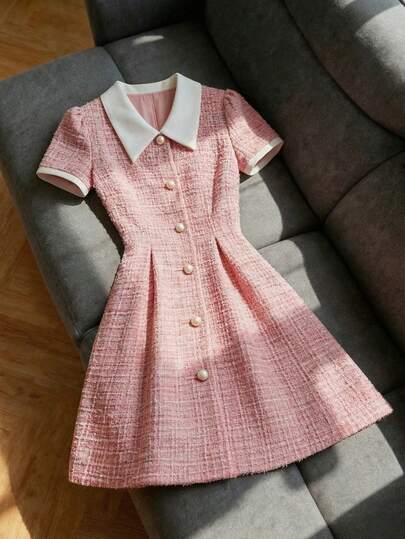 SHEIN Franclia Đầm midi xếp ly phối màu một hàng cúc dành cho nữ, thời trang và thanh lịch, thích hợp cho các buổi hẹn hò và tiệc tùng.
