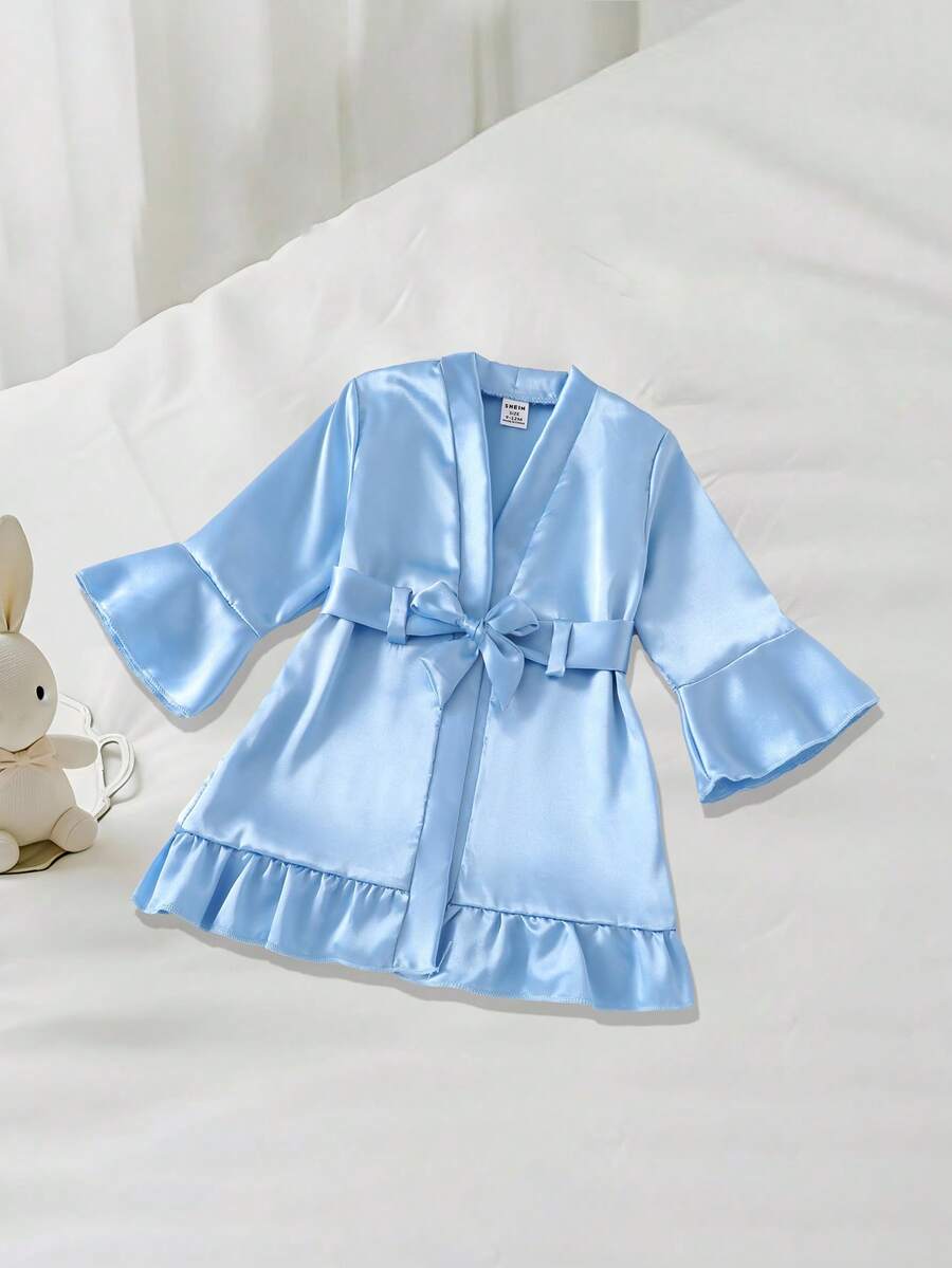 Newborn Baby Dressing Gown With Ruffles In Solid Silk Fabric, Soft Solid Tie Cute And Comfortable In Summer 2026 New Baby Set - Blue - View 1